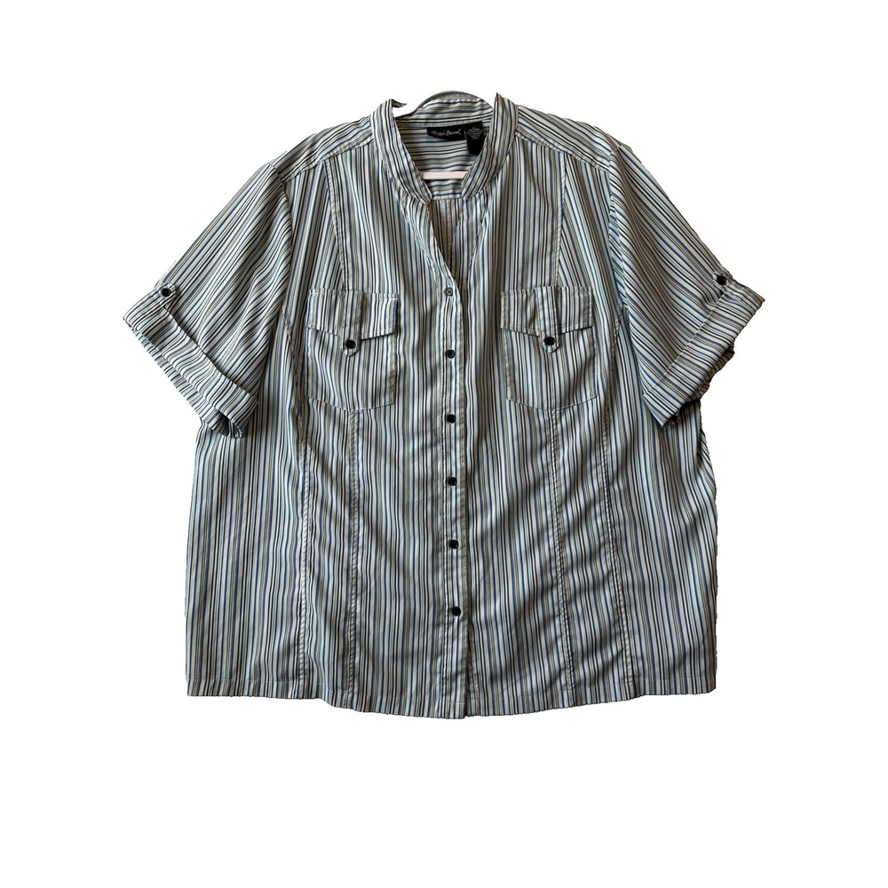 Maggie Barnes Blue Striped Utility Short Sleeve Button Up Shirt 3X Coastal Chic